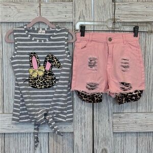 Striped Bunny Tank Top and Pink Distressed Shorts Set